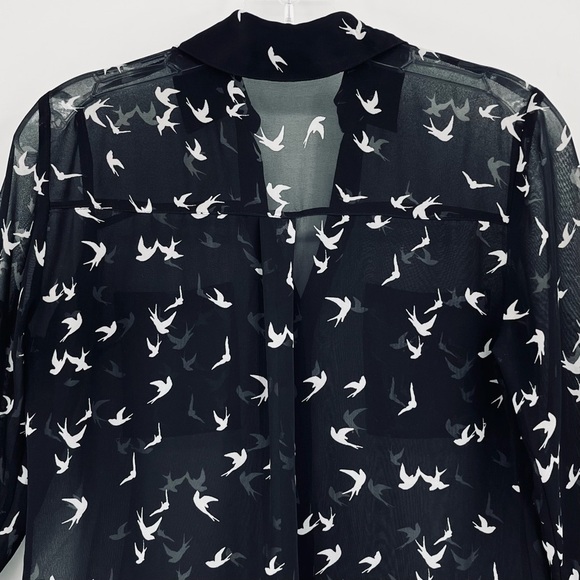 Express Portofino Sheer Black Bird Print Roll-Tab Sleeve Button-Down Shirt - Picture 7 of 10
